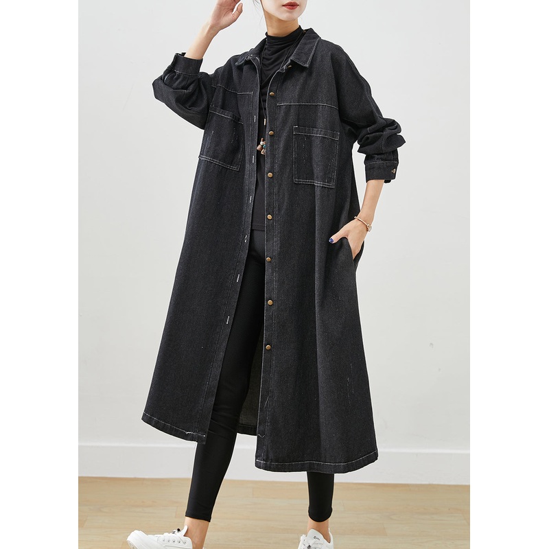 Plus Size Black Oversized Pockets Cotton Coats Fall