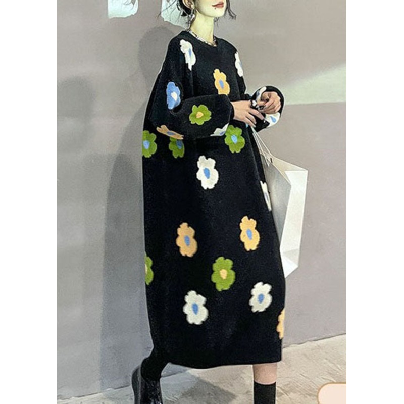 Plus Size Natural Black Floral thick Knit Dress Winter