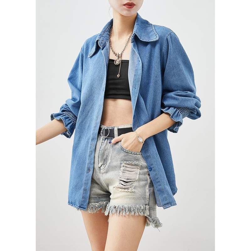Simple Blue Peter Pan Collar Denim Coats Petal Sleeve