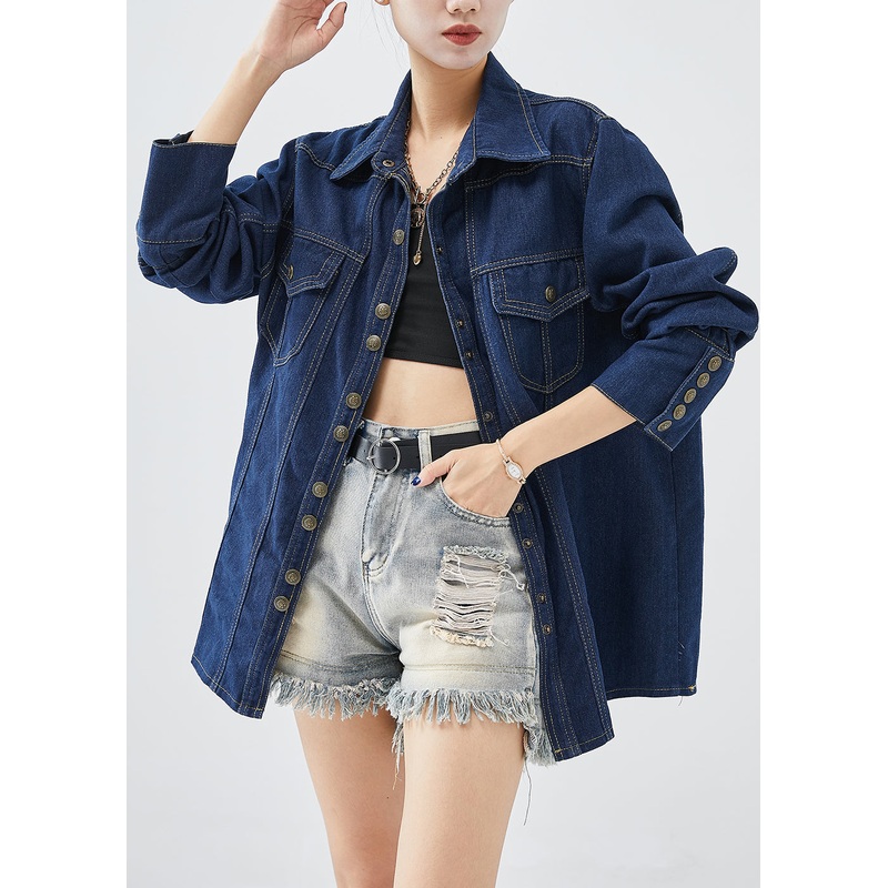 Simple Navy Peter Pan Collar Metal Buttons Denim Coat Fall