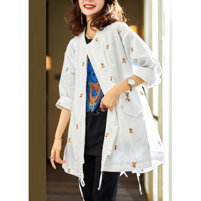Simple White Little Bear Embroideried Zippered Drawstring Cotton Coats Fall