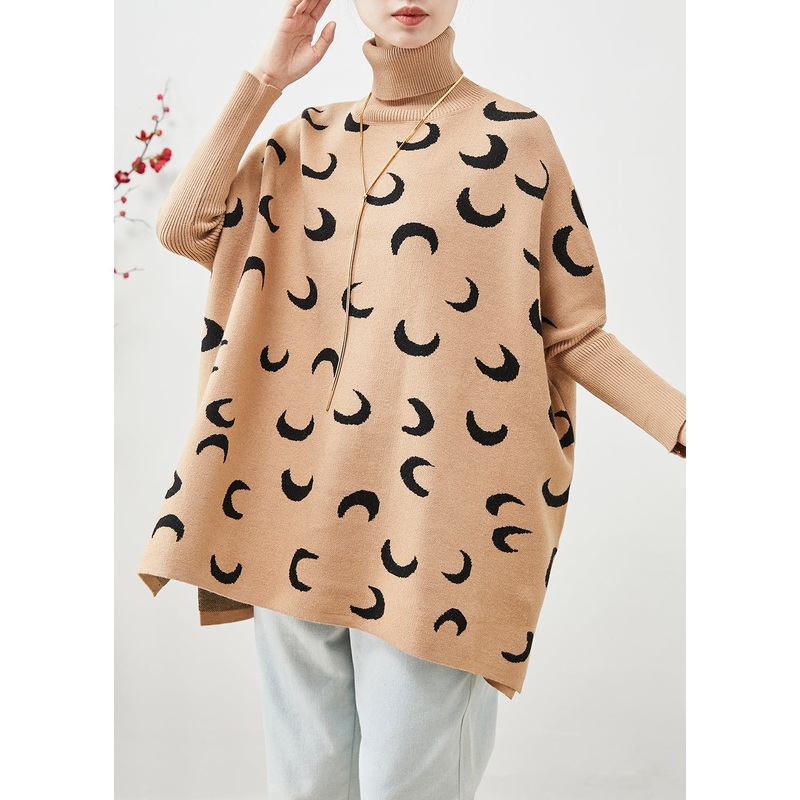 Style Khaki Turtle Neck Oversized Print Knit Sweater Tops Batwing Sleeve