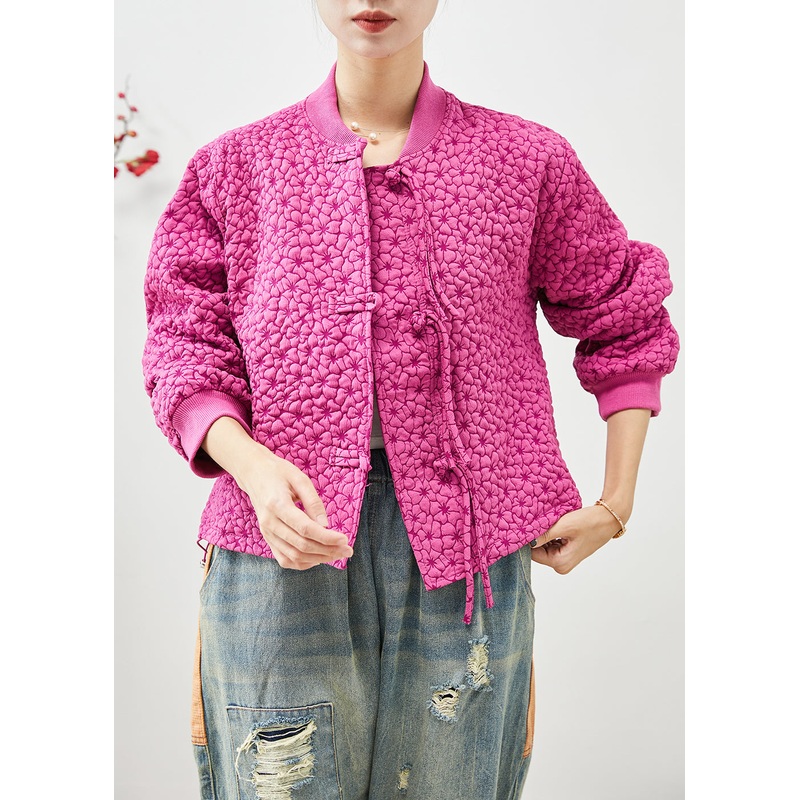Style Rose Stand Collar Jacquard Drawstring Jackets Fall