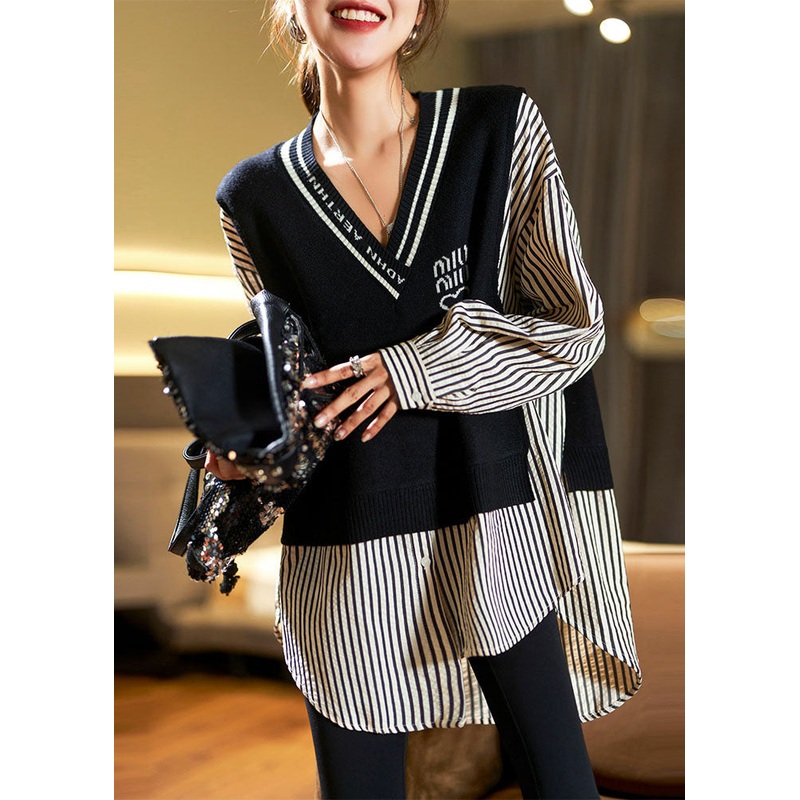 Stylish Black V Neck Striped Knit Patchwork Low High Design Tops Fall