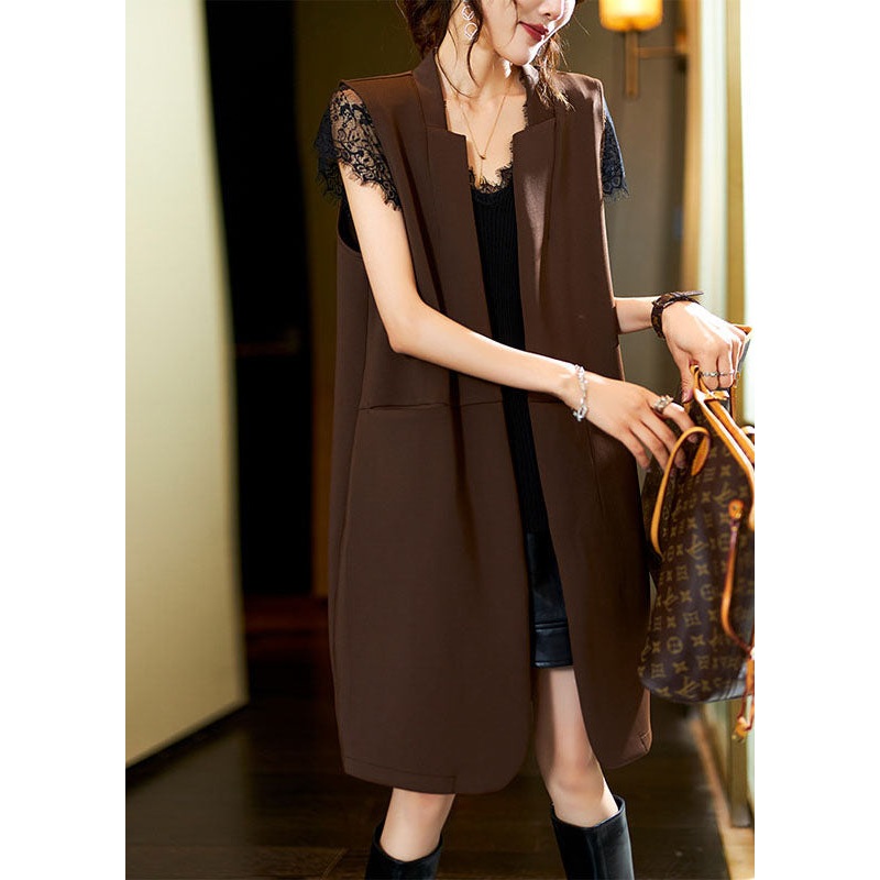 Stylish Coffee V Neck Patchwork Long Waistcoat Sleeveless