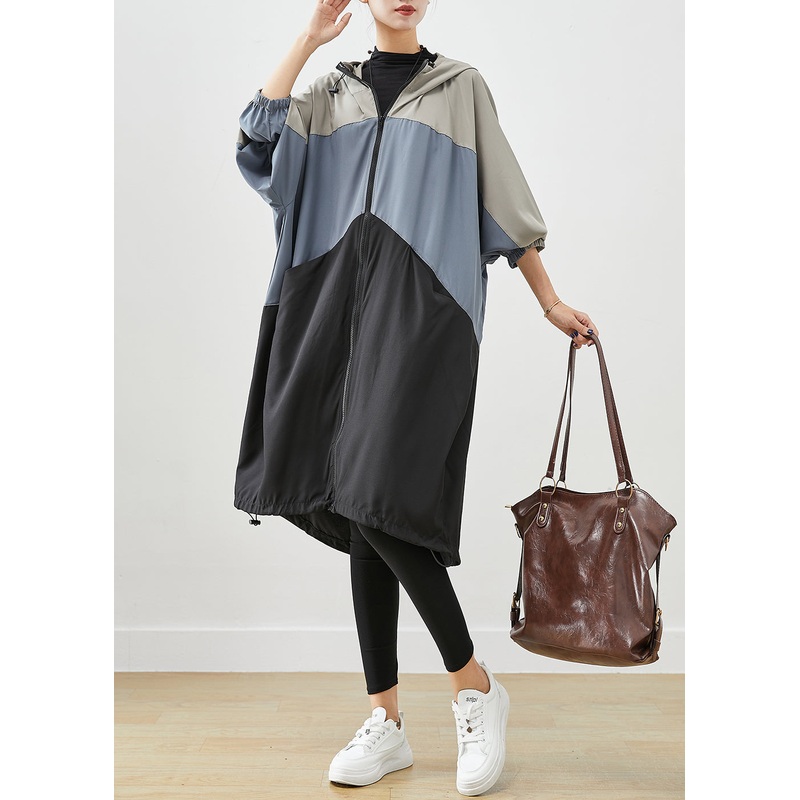 Stylish Colorblock Oversized Patchwork Drawstring Spandex Trench Fall