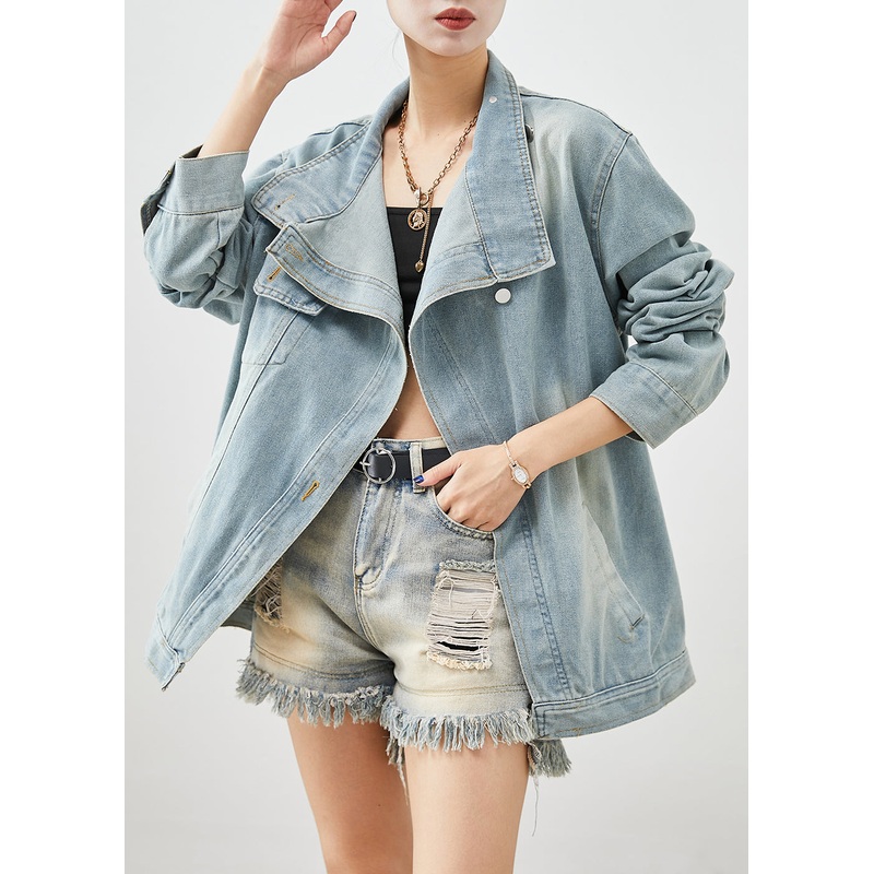 Stylish Light Blue Asymmetrical Denim Jackets Fall