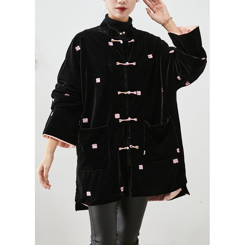 Unique Black Embroideried Chinese Button Silk Velour Coats Winter