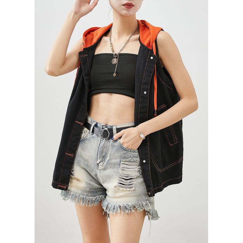 Unique Black Hooded Patchwork Denim Vests Fall