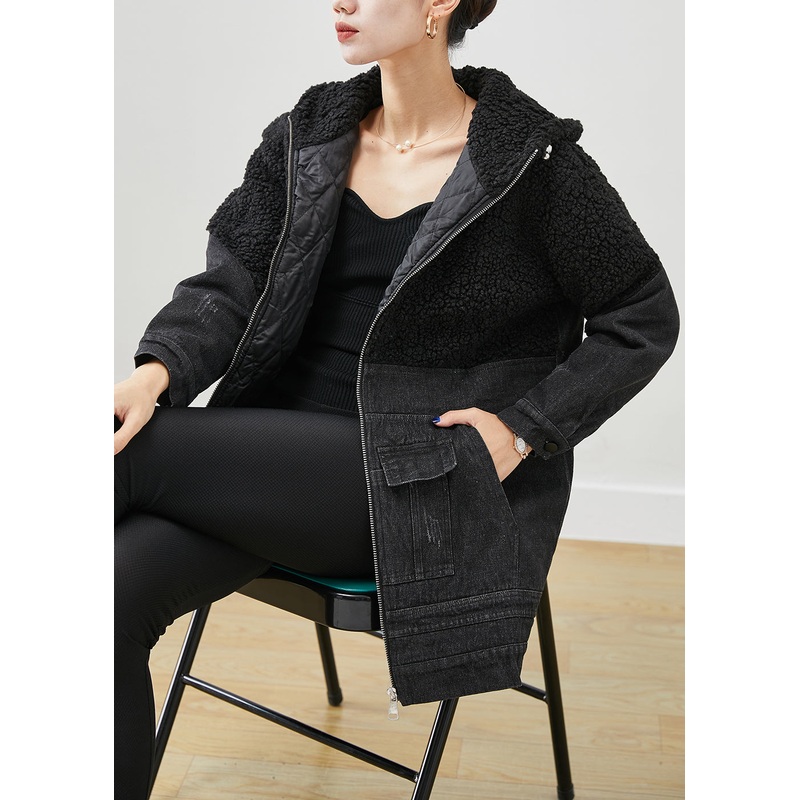 Unique Black Hooded Patchwork Woolen Denim Fine Cotton Filled Jackets Winter