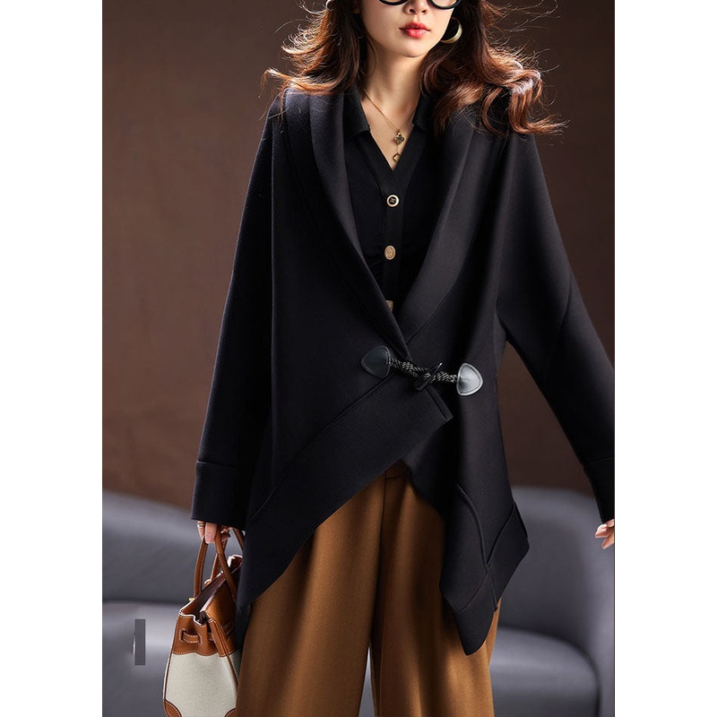 Unique Black Notched Asymmetrical Button Cotton Coats Long Sleeve