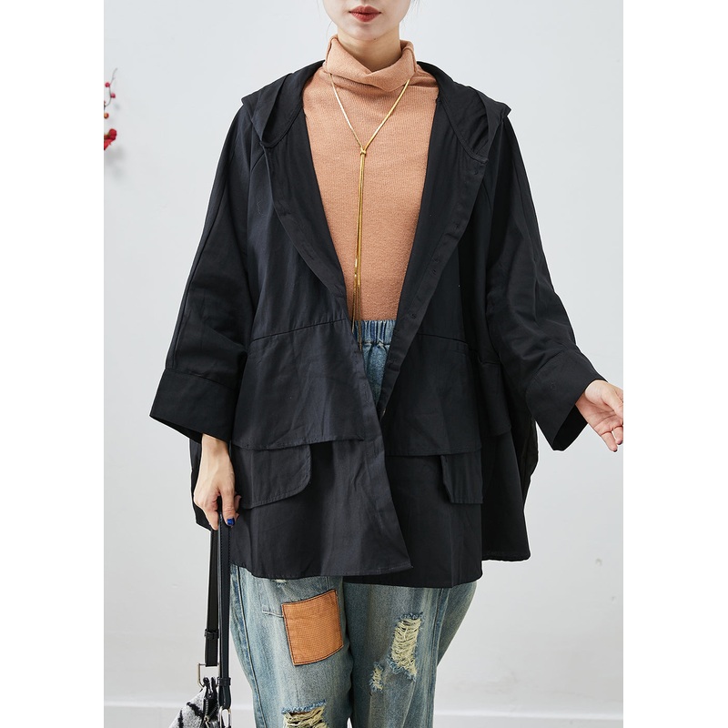 Unique Black Oversized Patchwork Cotton Jacket Batwing Sleeve