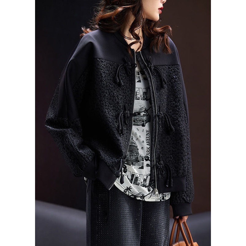 Unique Black Zippered Patchwork Button Coats Fall