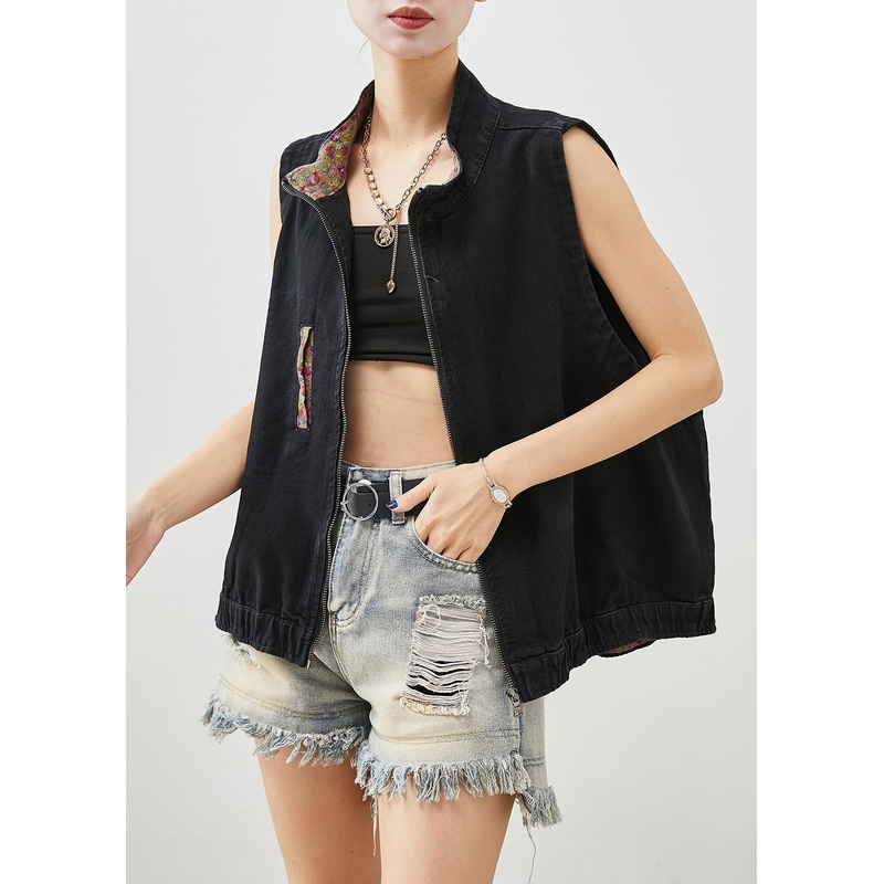 Vintage Black Stand Collar Zippered Denim Vest Fall