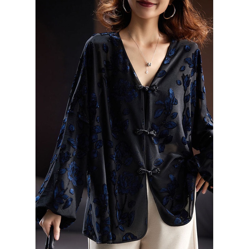 Vintage Black V Neck Embroideried Velour Shirt Fall