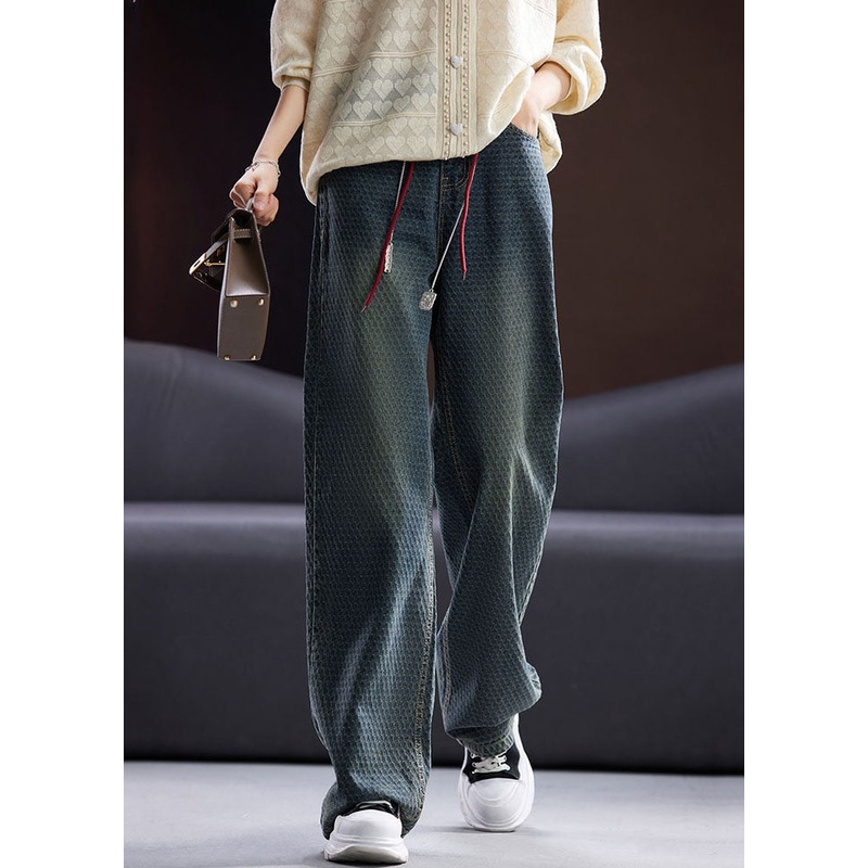 Vintage Blue Pockets Patchwork High Waist Cotton Straight Pants Fall