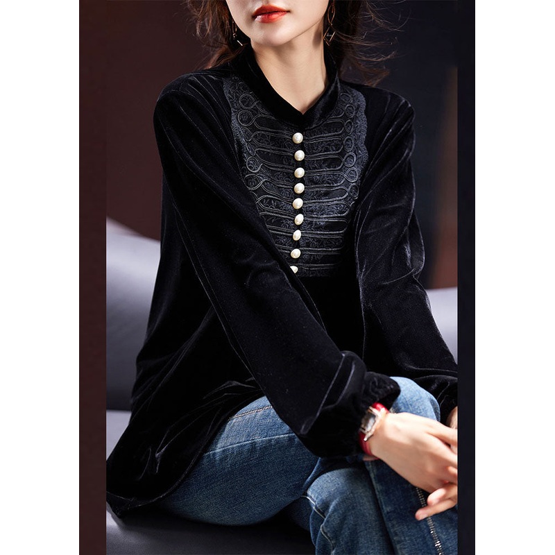 Vogue Black O-Neck Nail Bead Patchwork Silk Velour Top Fall