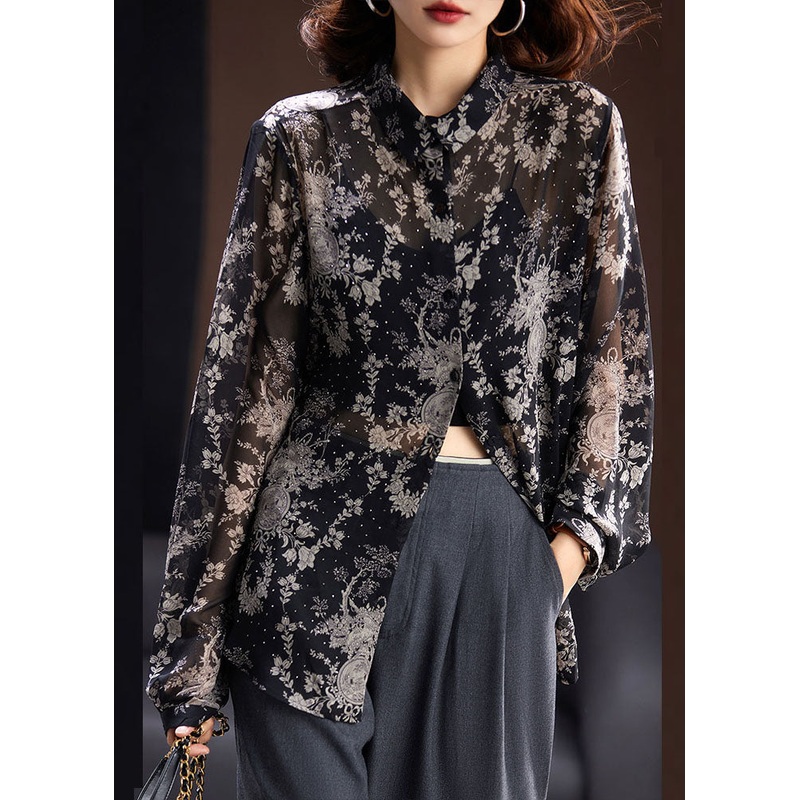 Vogue Black Square Collar Print Button Chiffon Shirts Long Sleeve