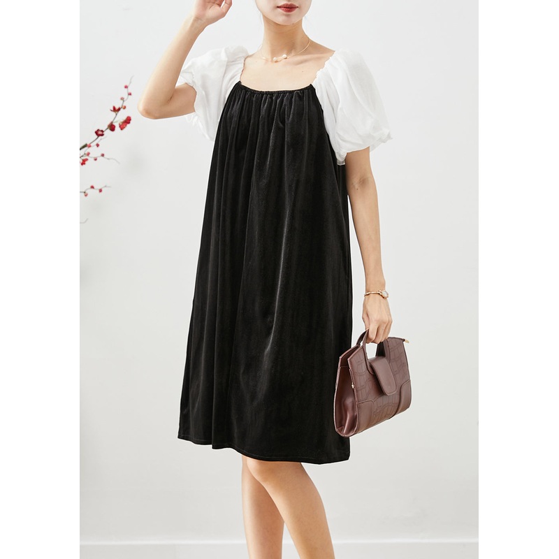 White Patchwork Silk Velour Dresses Oversized Square Collar Puff Sleeve