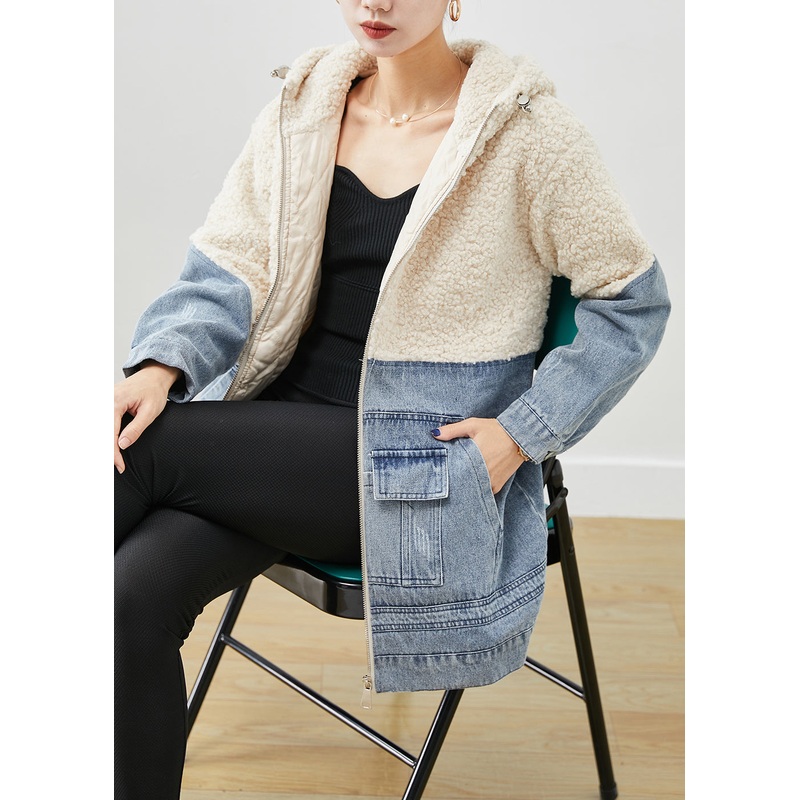 White Patchwork Woolen Fine Cotton Filled Puffers Jackets Hooded Winter