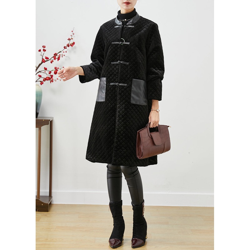 Women Black Patchwork Pockets Silk Velour Fine Cotton Filled Coats Winter