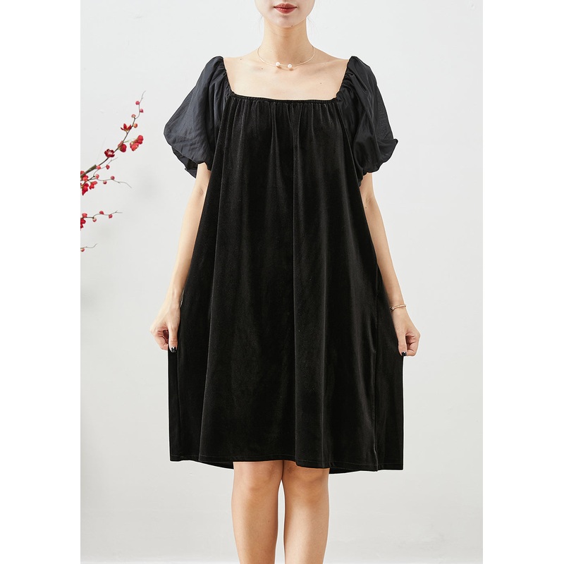 Women Black Square Collar Patchwork Silk Velour Maxi Dresses Summer