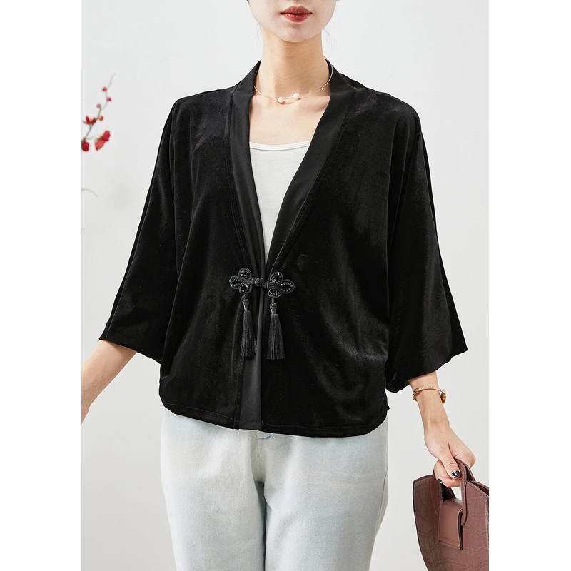 Women Black Tasseled Chinese Button Silk Velour Coats Fall