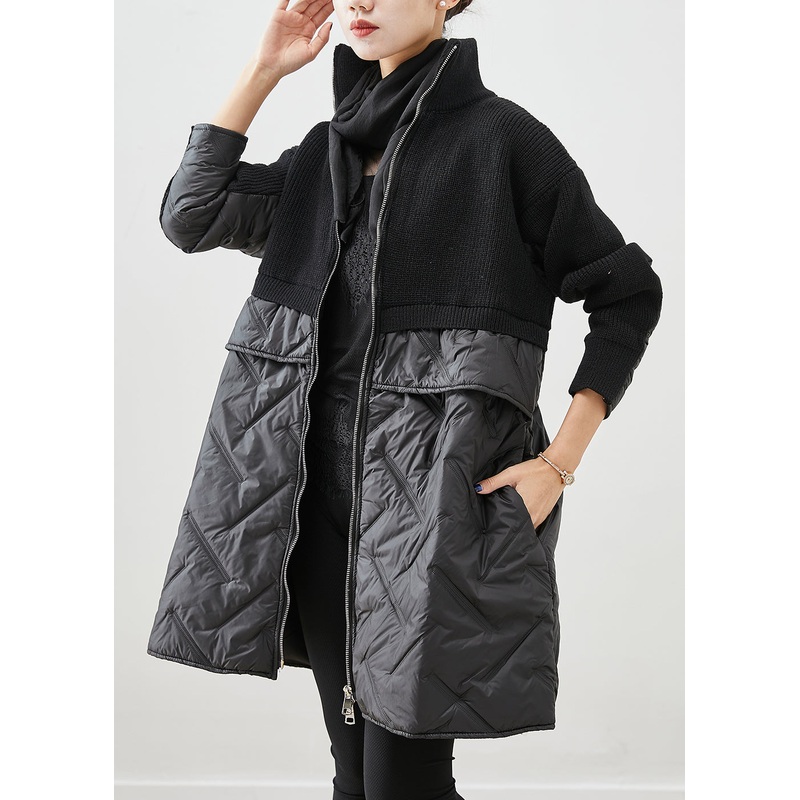 Women Black Zip Up Patchwork Fine Cotton Filled Knit Coat