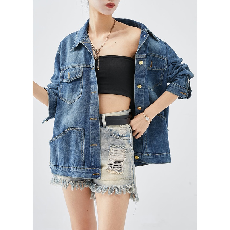 Women Blue Oversized Pockets Denim Coats Fall