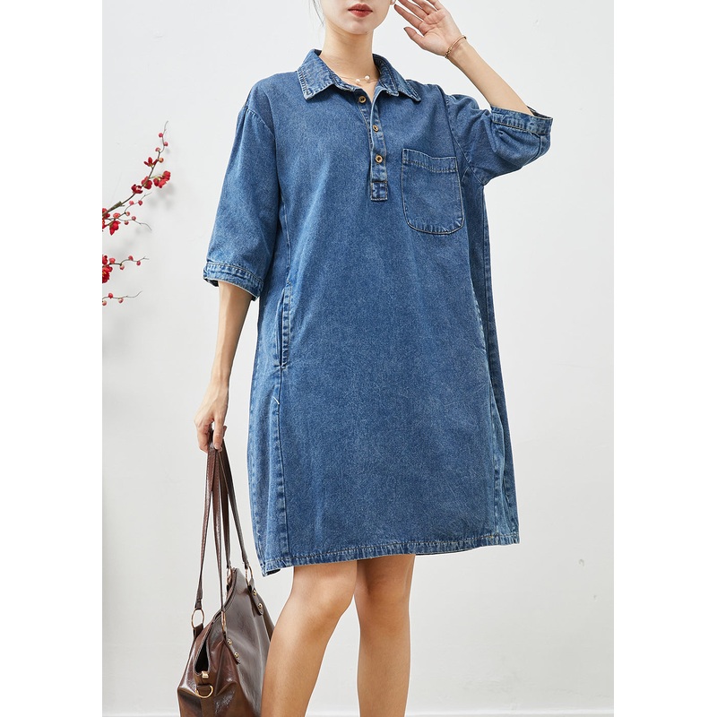 Women Blue Peter Pan Collar Cinched Denim Dress Half Sleeve