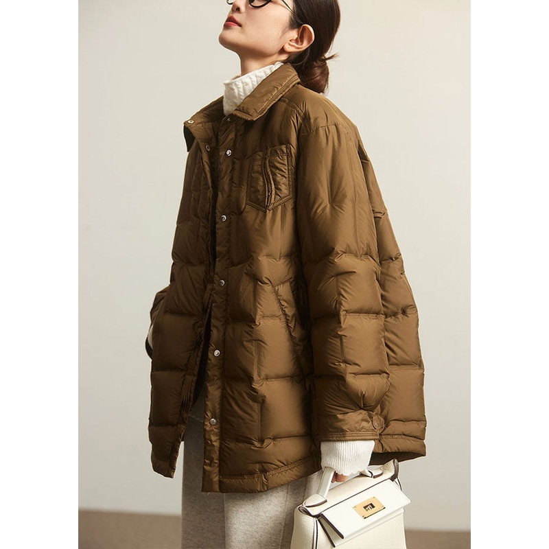 Women Coffee Peter Pan Collar Zippered Patchwork Button Duck Down Jackets Winter