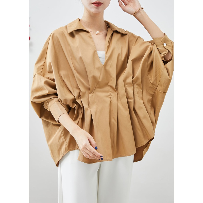 Women Khaki Oversized Wrinkled Cotton Shirts Batwing Sleeve
