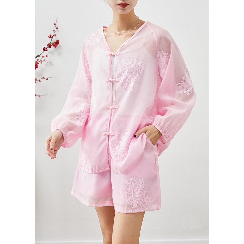 Women Pink Embroideried Chinese Button Linen Silk 2 Piece Outfit Summer