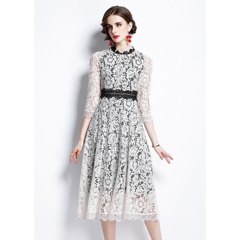 Women White O-Neck Patchwork Lace Party Dress Bracelet Sleeve