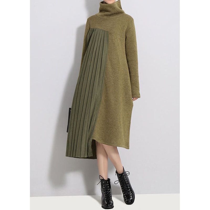 Army Green Silk Patchwork Thick Knit Dress Spring