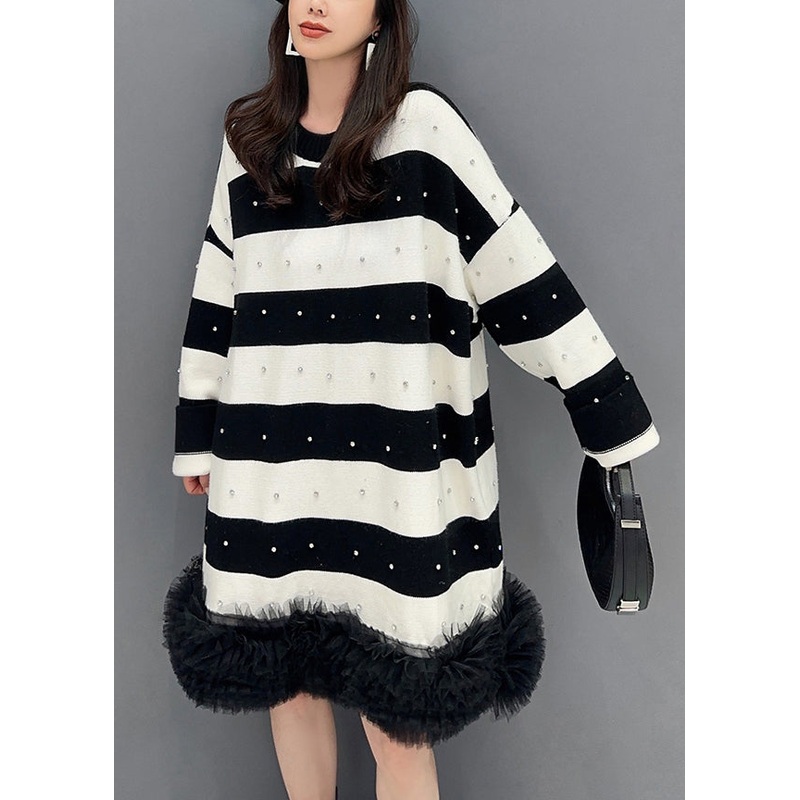 Beautiful Black Striped Nail Bead Tulle Patchwork Mid Dress Fall