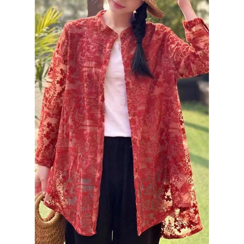 Beautiful Red Embroideried Button Patchwork Lace Shirt Fall