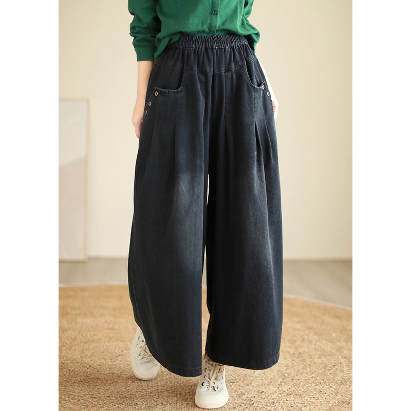 Black High Waist Pockets Denim Wide Leg Pants Pockets Fall