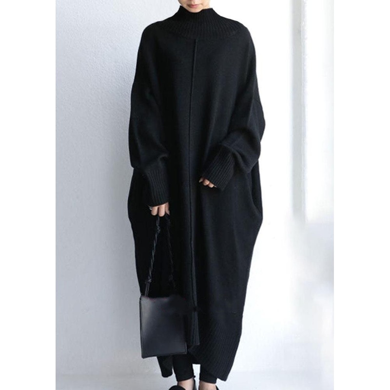 Black Long Knit Dress High Neck Oversized Spring