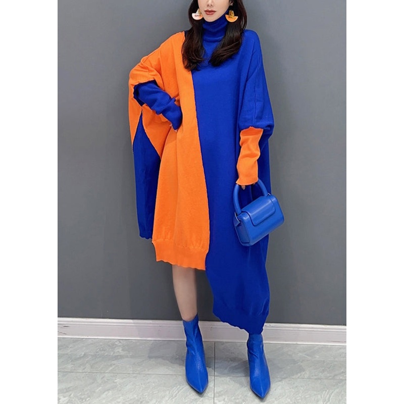 Blue Cozy Patchwork Cotton Knit Dresses Turtleneck Batwing Sleeve