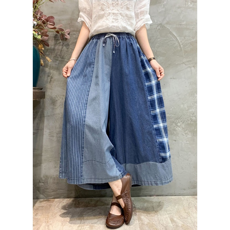 Blue Plaid Elastic Waist Patchwork Denim Loose Pants Pockets