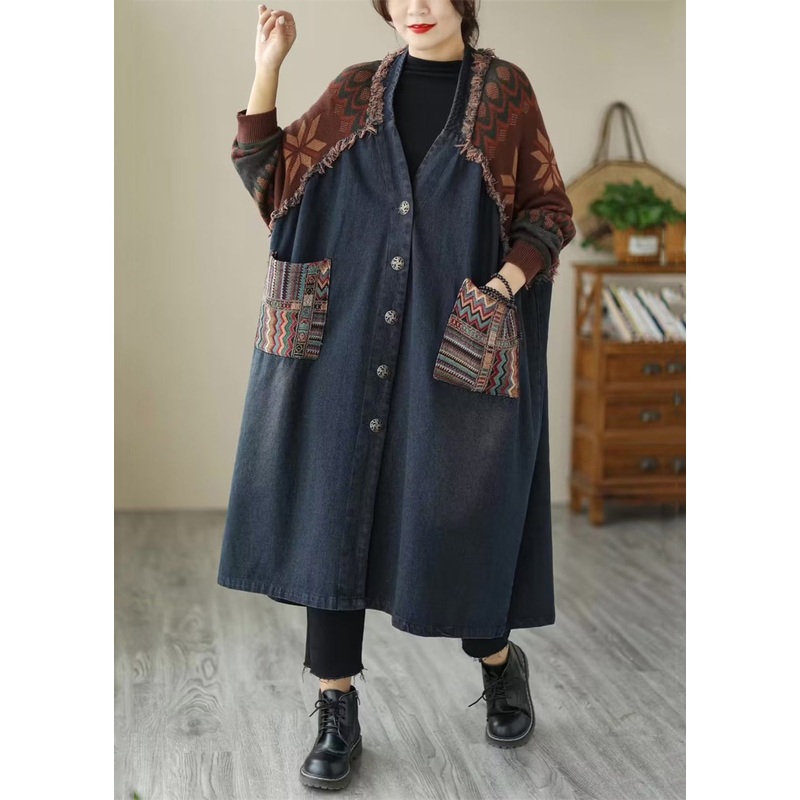 Blue Pockets Patchwork Denim Long Coats V Neck Fall