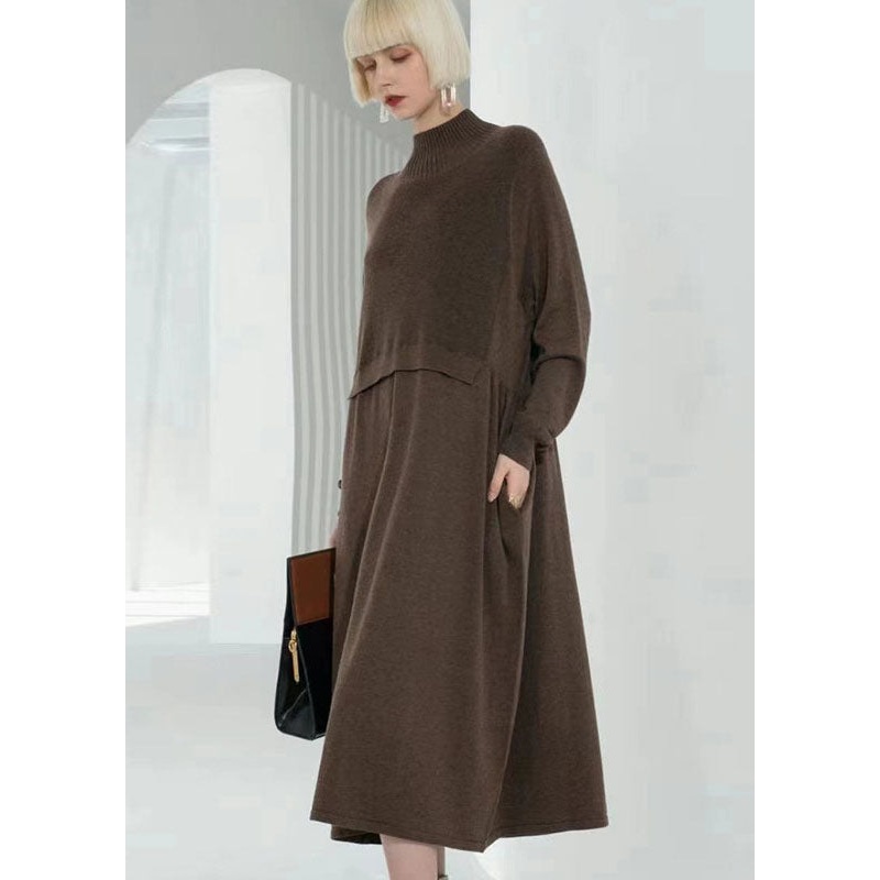 Bohemian Chocolate Turtle Neck Patchwork Solid Wool Knit Sweater Dress Long Sleeve