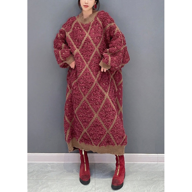 Bohemian Red O Neck Plaid Patchwork Cotton Knit Dresses Long Sleeve