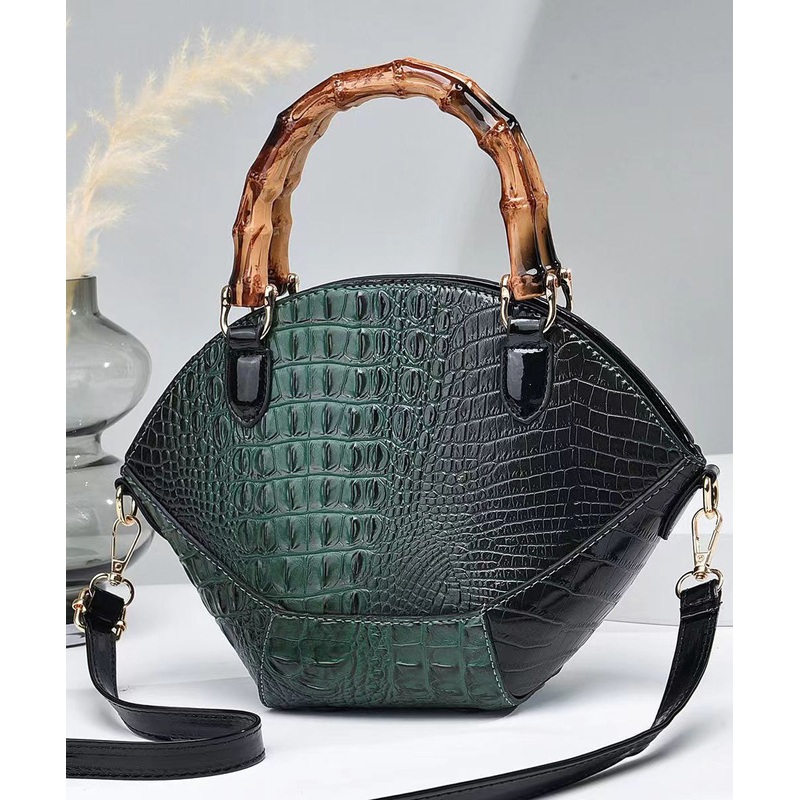 Boutique Green Embossed Splicing Faux Leather Tote Handbag