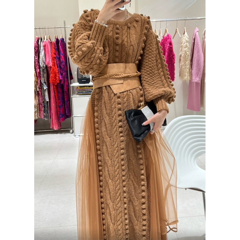 Casual Brown O-Neck Tie Waist Tulle Patchwork Knit Long Dress Fall