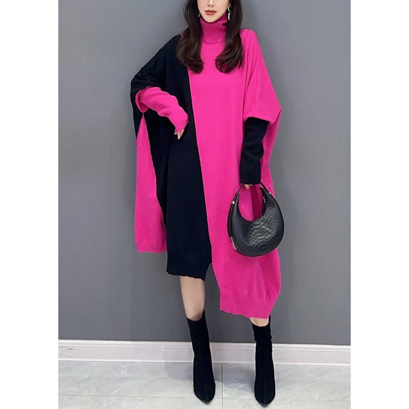 Casual Rose Turtleneck Asymmetrical Patchwork Cotton Knit Long Dress Fall