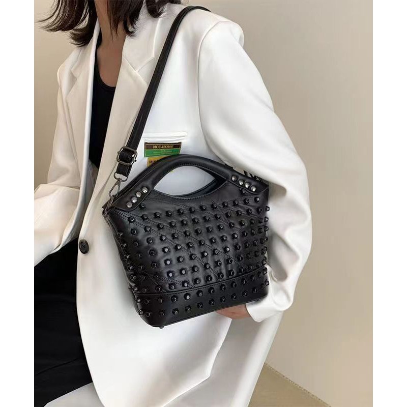 Chic Black Rivet Sheepskin Satchel Handbag
