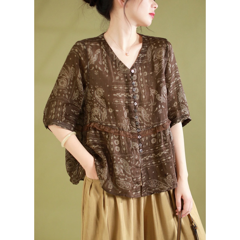 Chic Coffee Print Ruffled Patchwork Linen Shirts Summer