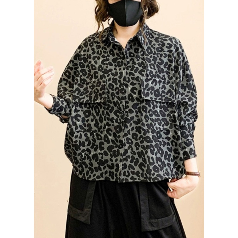 Chic Grey Leopard Print Button Patchwork Cotton Coat Fall